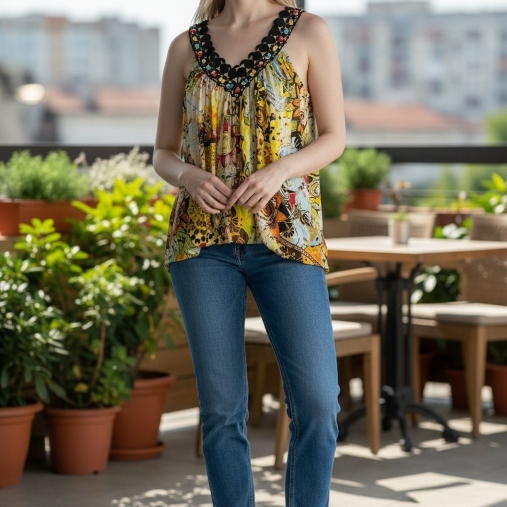 Chaudry Sleeveless Yellow Floral V-Neck Summer Top Sz M NWT